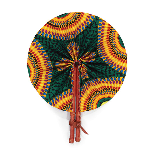 African Hand Fan – Orange Green Circle – Authentic Ankara Print Cloth & Leather Folding Fan | Handmade in Ghana