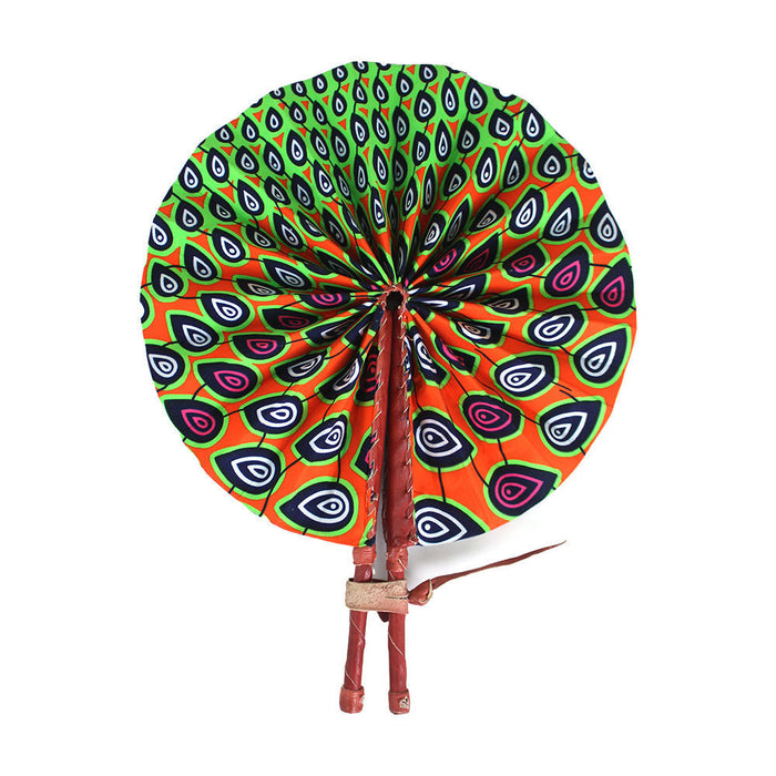 African Hand Fan – Orange Green Peacock – Authentic Ankara Print Cloth & Leather Folding Fan | Handmade in Ghana
