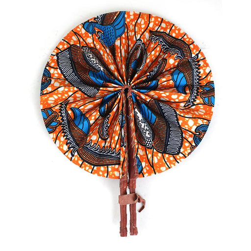African Hand Fan – Orange Grey Traditional Design – Authentic Ankara Print Cloth & Leather Folding Fan | Handmade in Ghana