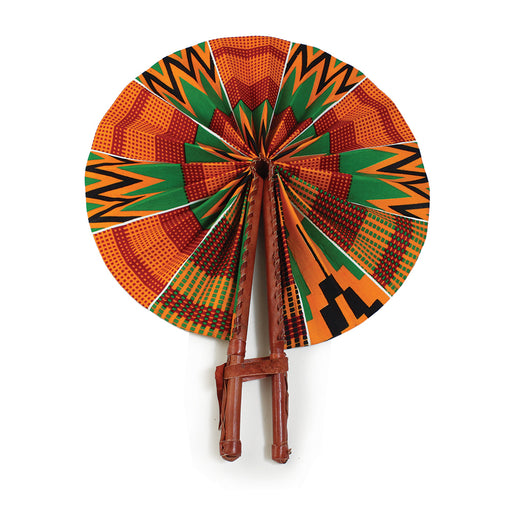 African Hand Fan – Orange Kente – Authentic Ankara Print Cloth & Leather Folding Fan | Handmade in Ghana