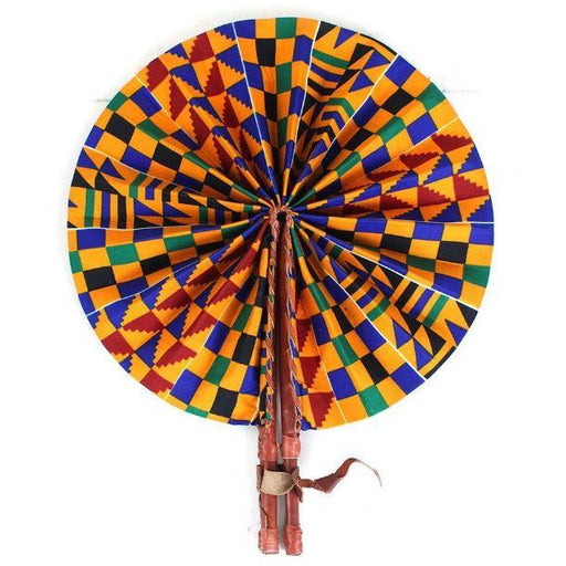 African Hand Fan – Orange Kente Design – Authentic Ankara Print Cloth & Leather Folding Fan | Handmade in Ghana