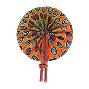 African Hand Fan – Orange Peacock – Authentic Ankara Print Cloth & Leather Folding Fan