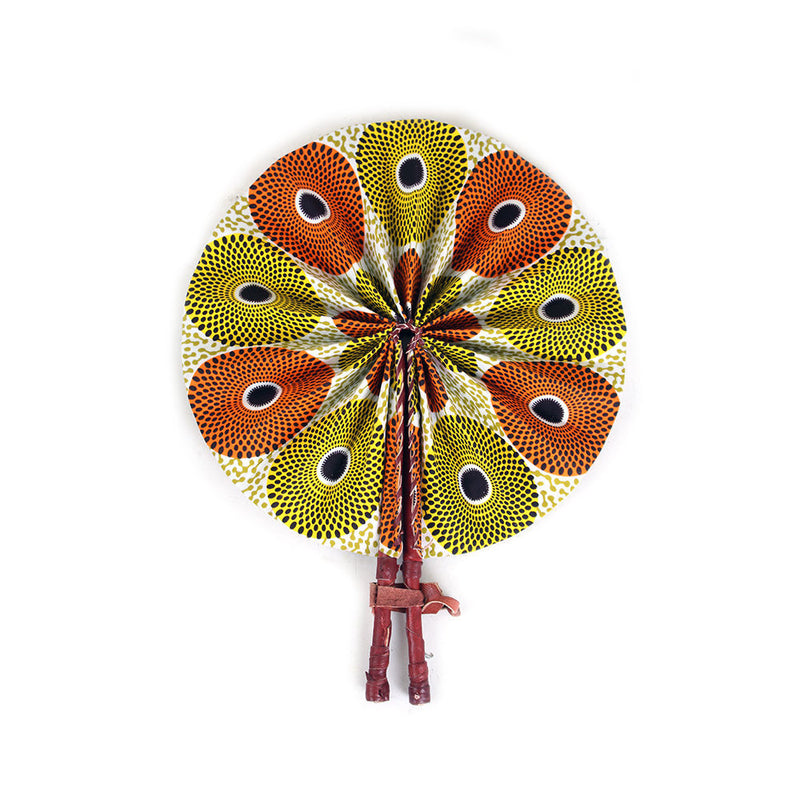 African Hand Fan – Orange Yellow Circles – Authentic Ankara Print Cloth & Leather Folding Fan | Handmade in Ghana