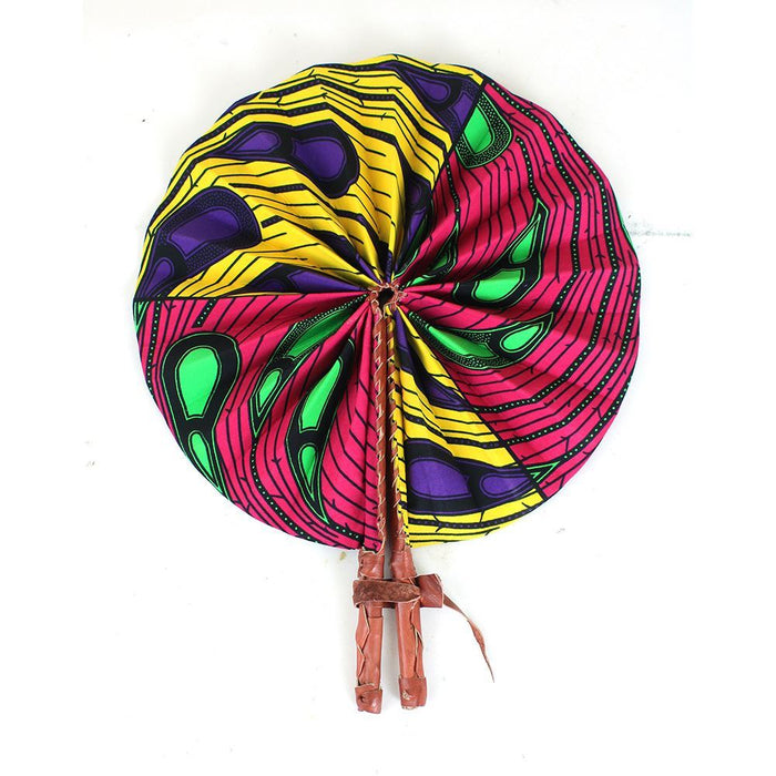 African Hand Fan – Pink Yellow Peacock Design – Authentic Ankara Print Cloth & Leather Folding Fan | Handmade in Ghana