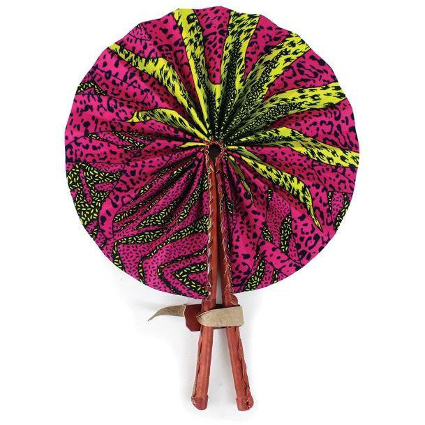 African Hand Fan – Pink Yellow Sun – Authentic Ankara Print Cloth & Leather Folding Fan | Handmade in Ghana