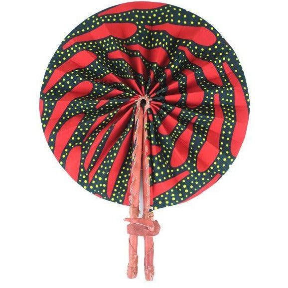 African Hand Fan – Pink and Yellow Dot – Authentic Ankara Print Cloth & Leather Folding Fan | Handmade in Ghana