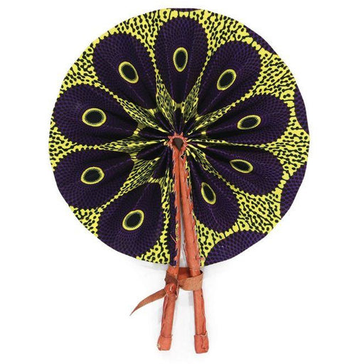 African Hand Fan – Purple Yellow Circle – Authentic Ankara Print Cloth & Leather Folding Fan | Handmade in Ghana