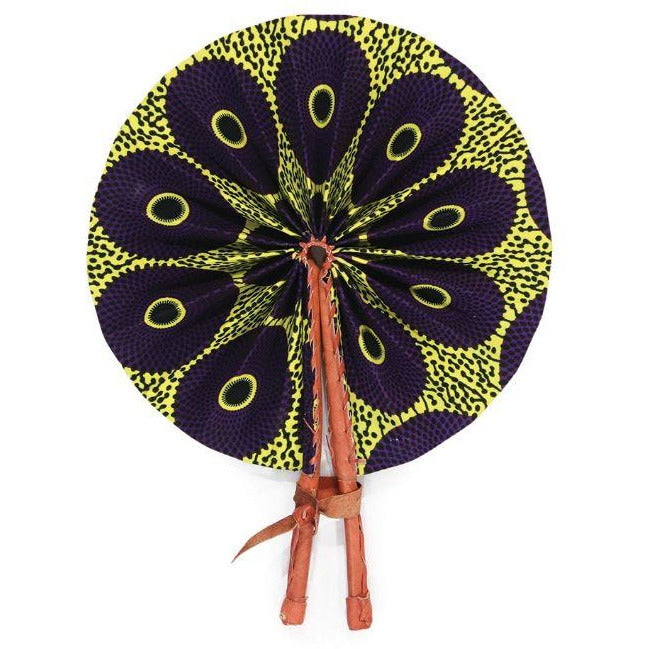 African Hand Fan – Purple Yellow Circle – Authentic Ankara Print Cloth & Leather Folding Fan | Handmade in Ghana