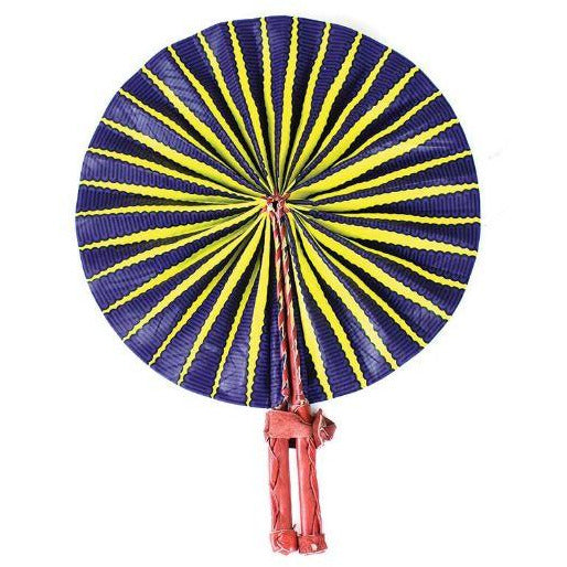 African Hand Fan – Purple Yellow Design – Authentic Ankara Print Cloth & Leather Folding Fan | Handmade in Ghana