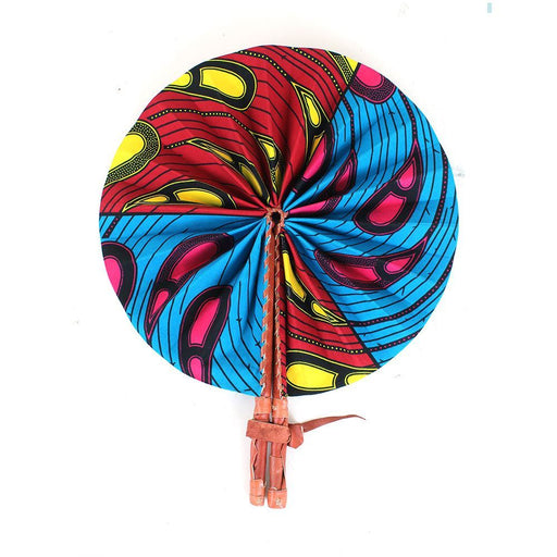 African Hand Fan – Red Blue Peacock Design – Authentic Ankara Print Cloth & Leather Folding Fan | Handmade in Ghana