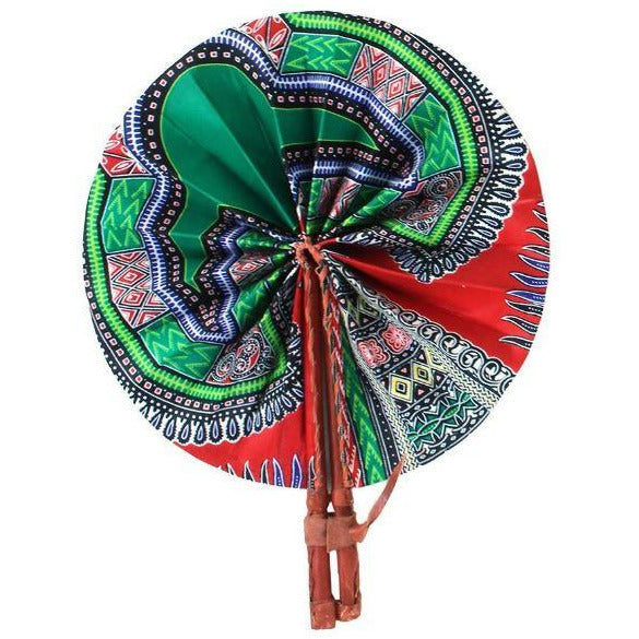African Hand Fan – Red Green Traditional Print Design – Authentic Ankara Print Cloth & Leather Folding Fan | Handmade in Ghana