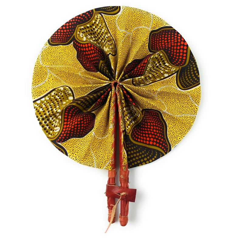 African Hand Fan – Red Mustard African Print – Authentic Ankara Print Cloth & Leather Folding Fan | Handmade in Ghana