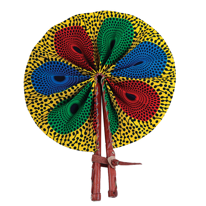 African Hand Fan – Red Yellow Blue Green Circles– Authentic Ankara Print Cloth & Leather Folding Fan | Handmade in Ghana