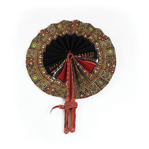 African Hand Fan – Traditional Black Print – Authentic Ankara Print Cloth & Leather Folding Fan | Handmade in Ghana