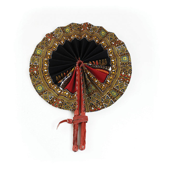 African Hand Fan – Traditional Black Print – Authentic Ankara Print Cloth & Leather Folding Fan | Handmade in Ghana