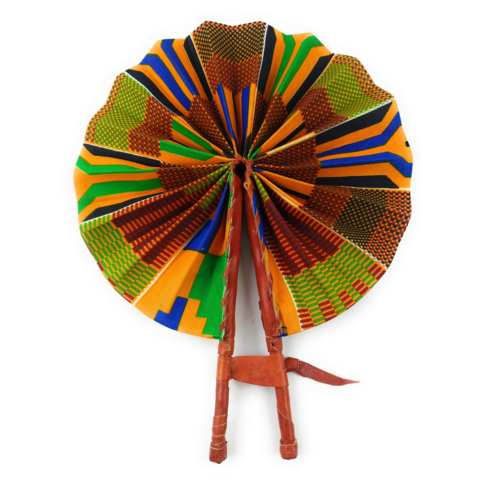 African Hand Fan – Traditional Kente Design – Authentic Ankara Print Cloth & Leather Folding Fan | Handmade in Ghana
