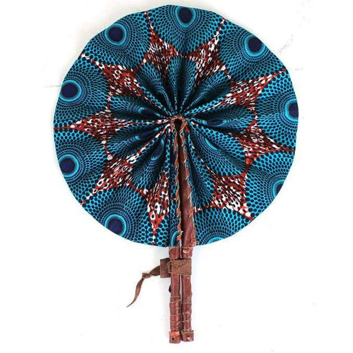 African Hand Fan – Turquoise Circle Design – Authentic Ankara Print Cloth & Leather Folding Fan | Handmade in Ghana