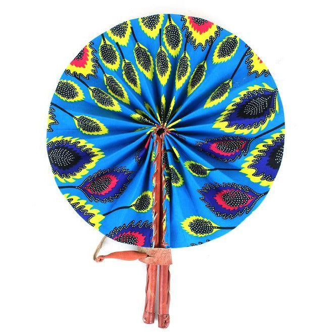 African Hand Fan – Turquoise Leaf Design – Authentic Ankara Print Cloth & Leather Folding Fan | Handmade in Ghana