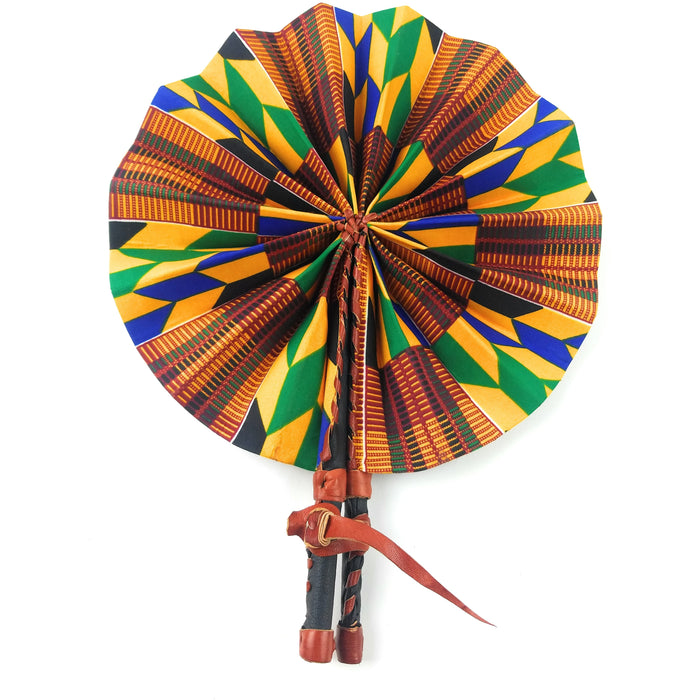 African Hand Fan – Yellow Blue Red Kente Design – Authentic Ankara Print Cloth & Leather Folding Fan | Handmade in Ghana