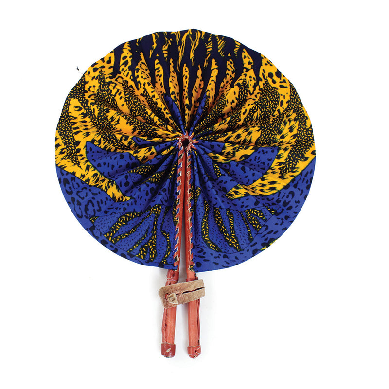 African Hand Fan – Yellow Blue Sun – Authentic Ankara Print Cloth & Leather Folding Fan | Handmade in Ghana