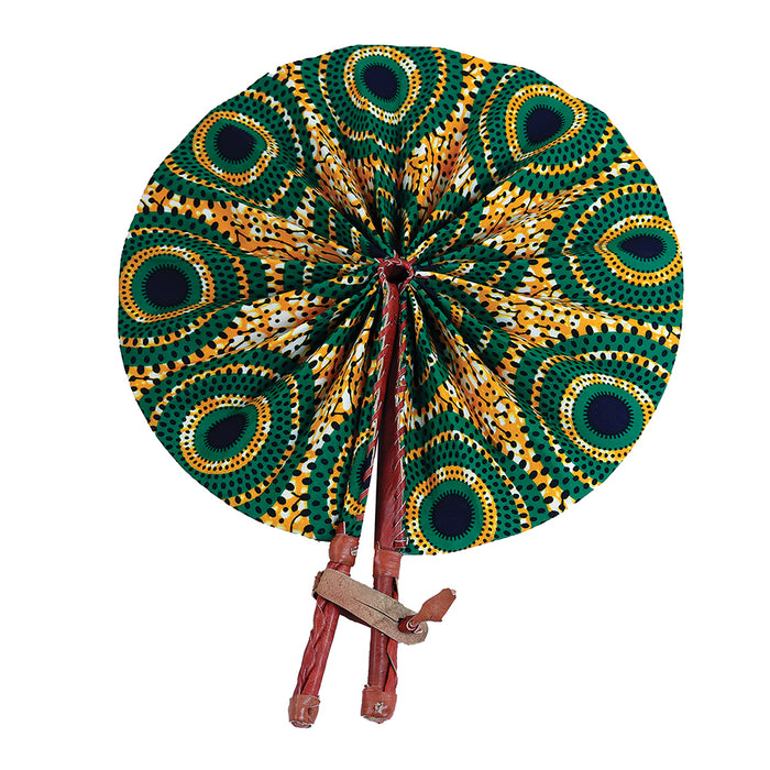 African Hand Fan – Yellow Green Circles – Authentic Ankara Print Cloth & Leather Folding Fan | Handmade in Ghana