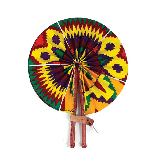 African Hand Fan – Yellow Purple Kente – Authentic Ankara Print Cloth & Leather Folding Fan | Handmade in Ghana