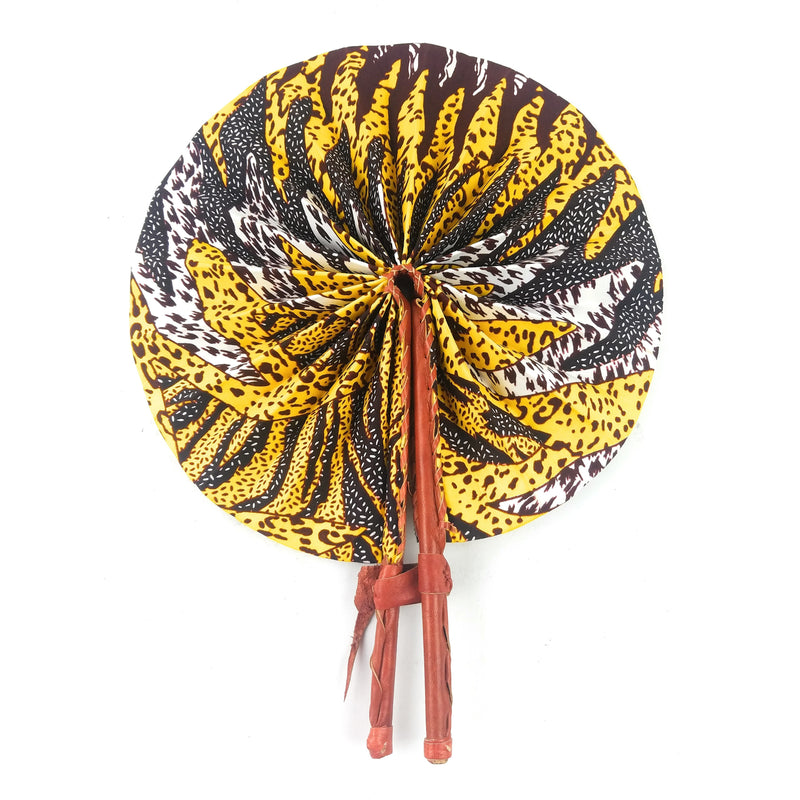 African Hand Fan – Yellow Sun – Authentic Ankara Print Cloth & Leather Folding Fan | Handmade in Ghana