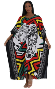 African Kaftan Dress – African Mask Outline Design (Multicolor)