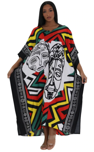 African Kaftan Dress – African Mask Outline Design (Multicolor)