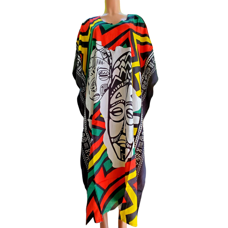African Kaftan Dress – African Mask Outline Design (Multicolor)