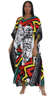 African Kaftan Dress – African Mask Outline Design (Multicolor)
