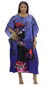 African Kaftan Dress – Blue Woman in Traditional Attire With Gourd