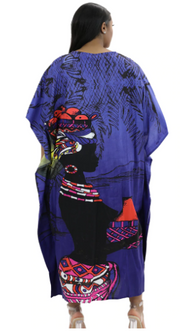 Blue African Kaftan Dress | Woman Carrying Gourd Artwork