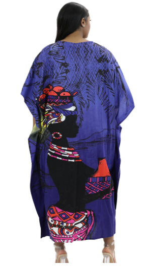 Blue African Kaftan Dress | Woman Carrying Gourd Artwork