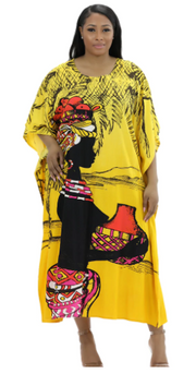 African Kaftan Dress – Yellow Woman in Traditional Attire With Gourd