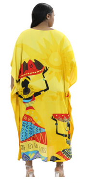 African Kaftan Dress – Yellow Working Women With Gourds