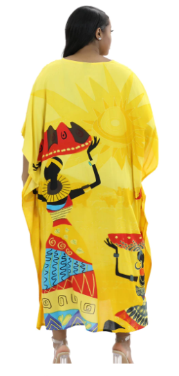 African Kaftan Dress – Yellow Working Women With Gourds