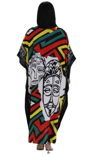 African Mask Kaftan Dress Multicolor | Cultural Print Caftan
