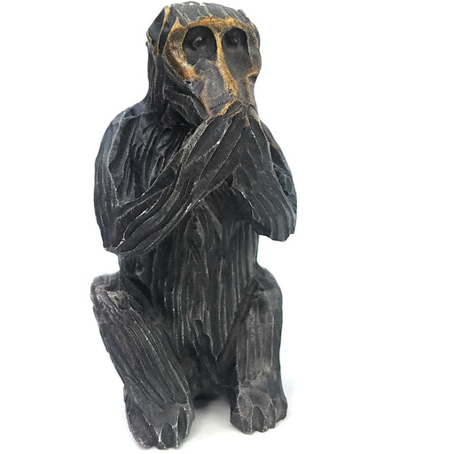African Monkey Sculpture – Both Hands Covering Mouth, Brown & Grey Stone