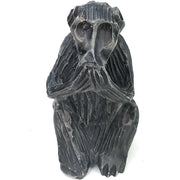 African Monkey Sculpture – Both Hands Covering Mouth, Grey & Black Stone