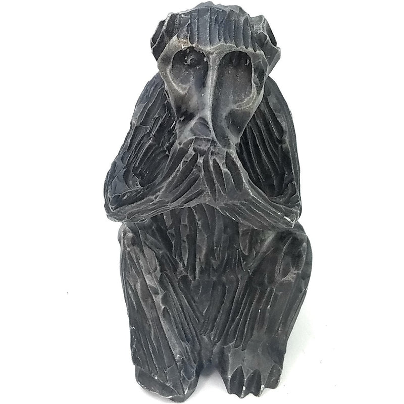 African Monkey Sculpture – Both Hands Covering Mouth, Grey & Black Stone