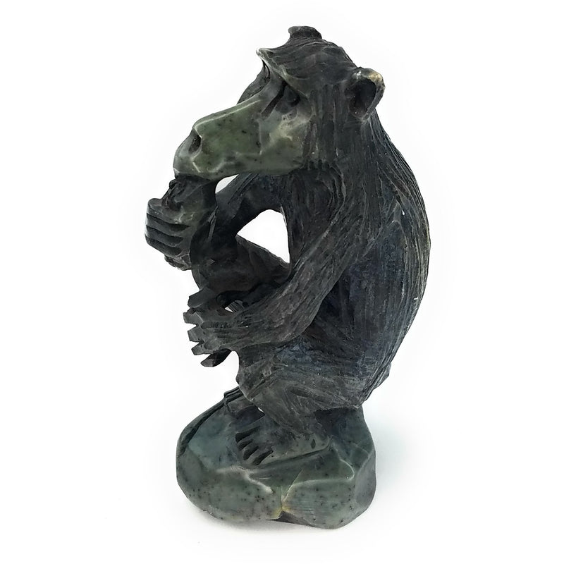 African Monkey Sculpture – Sitting on Tree Stump, Grey Stone