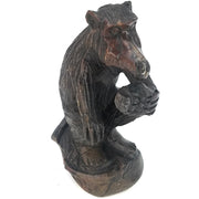 African Monkey Sculpture – Sitting on Tree Stump, Reddish Black Stone
