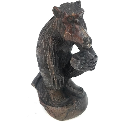 African Monkey Sculpture – Sitting on Tree Stump, Reddish Black Stone