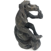African Monkey Sculpture – Tree Stump with Corn, Grey Black Stone