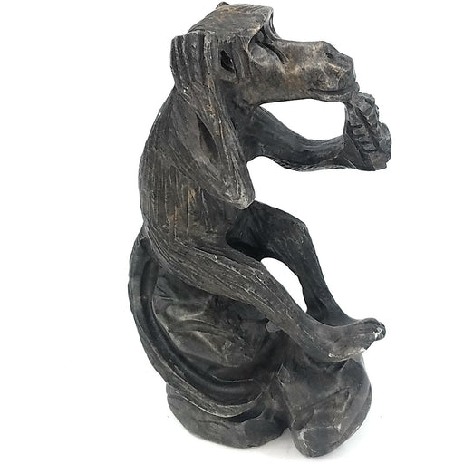 African Monkey Sculpture – Tree Stump with Corn, Grey Black Stone