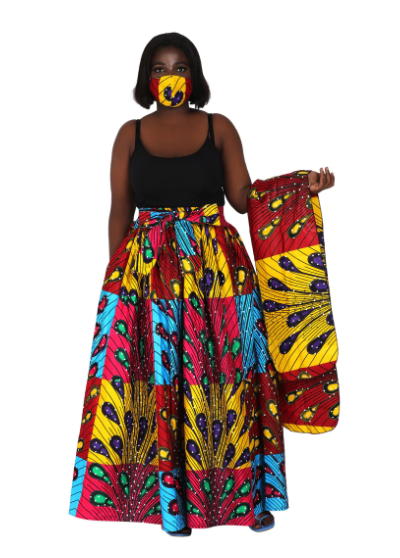 African Print Ankara Maxi Skirt + Matching Scarf – Yellow Red Blue Mixed Pattern