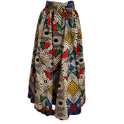 African Print Ankara Maxi Skirt + Scarf – Black White Multicolor Circles