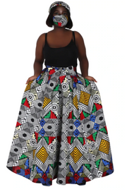 African Print Ankara Maxi Skirt + Scarf – Black White Multicolor Circles
