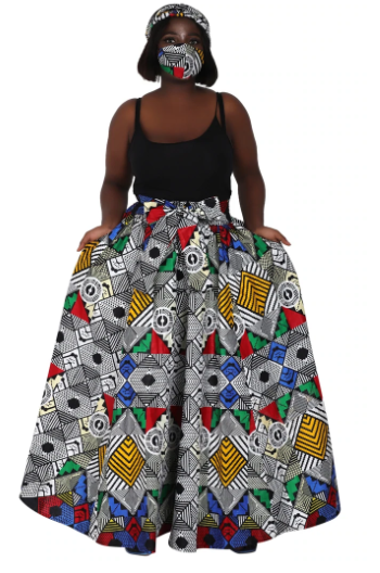 African Print Ankara Maxi Skirt + Scarf – Black White Multicolor Circles